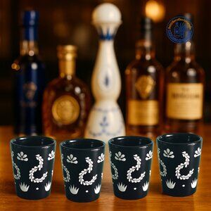 Set of 4 Black Ceramic Tequila Shot Glasses Handcrafted Mexican Style Drinkware